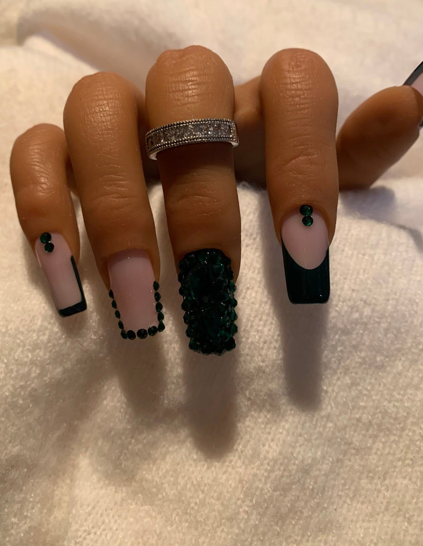 Green Rhinestone French Nails