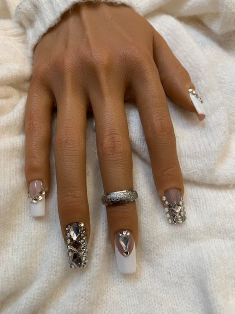 Rhinestone White French Nails