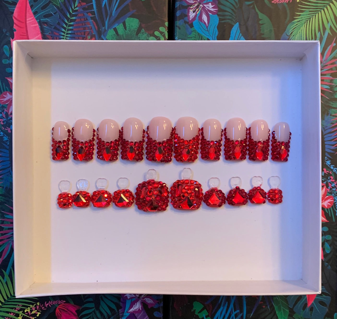 Red Rhinestone French Nails