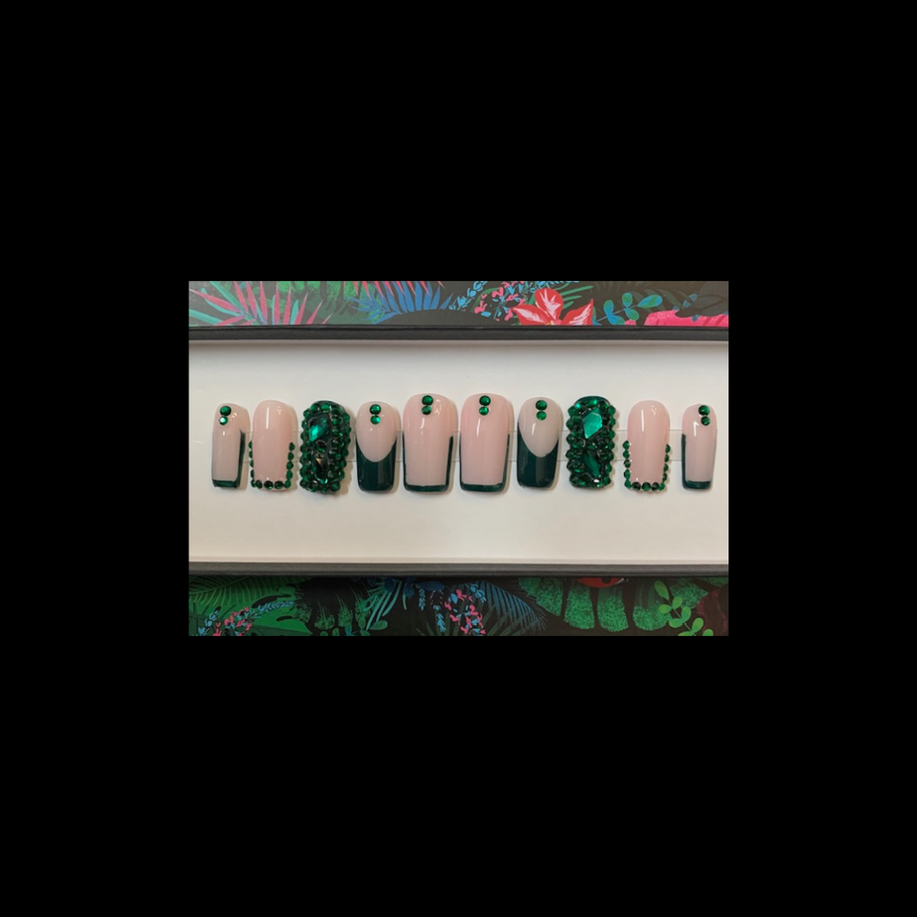 Green Rhinestone French Nails