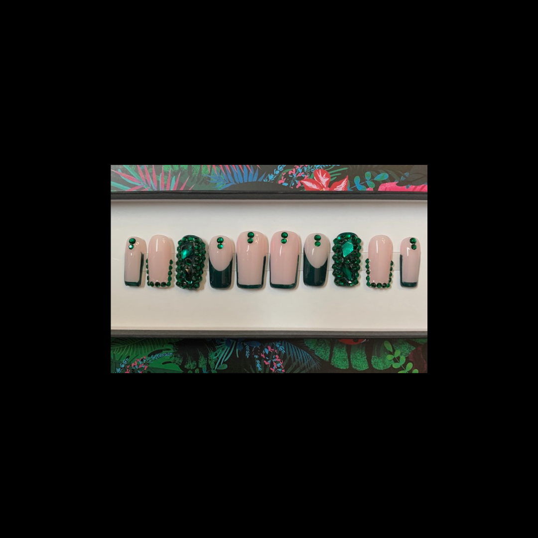 Green Rhinestone French Nails