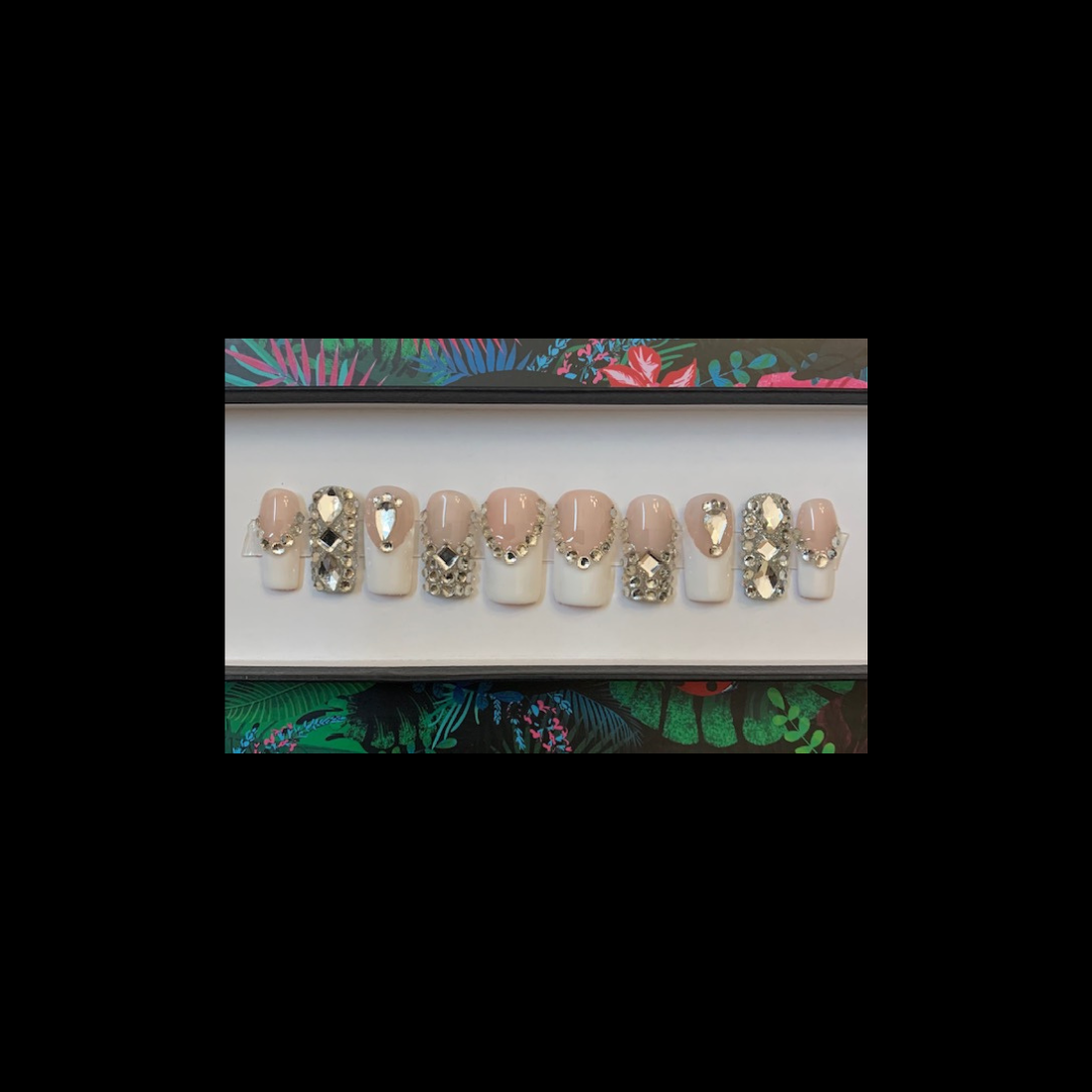 Rhinestone White French Nails